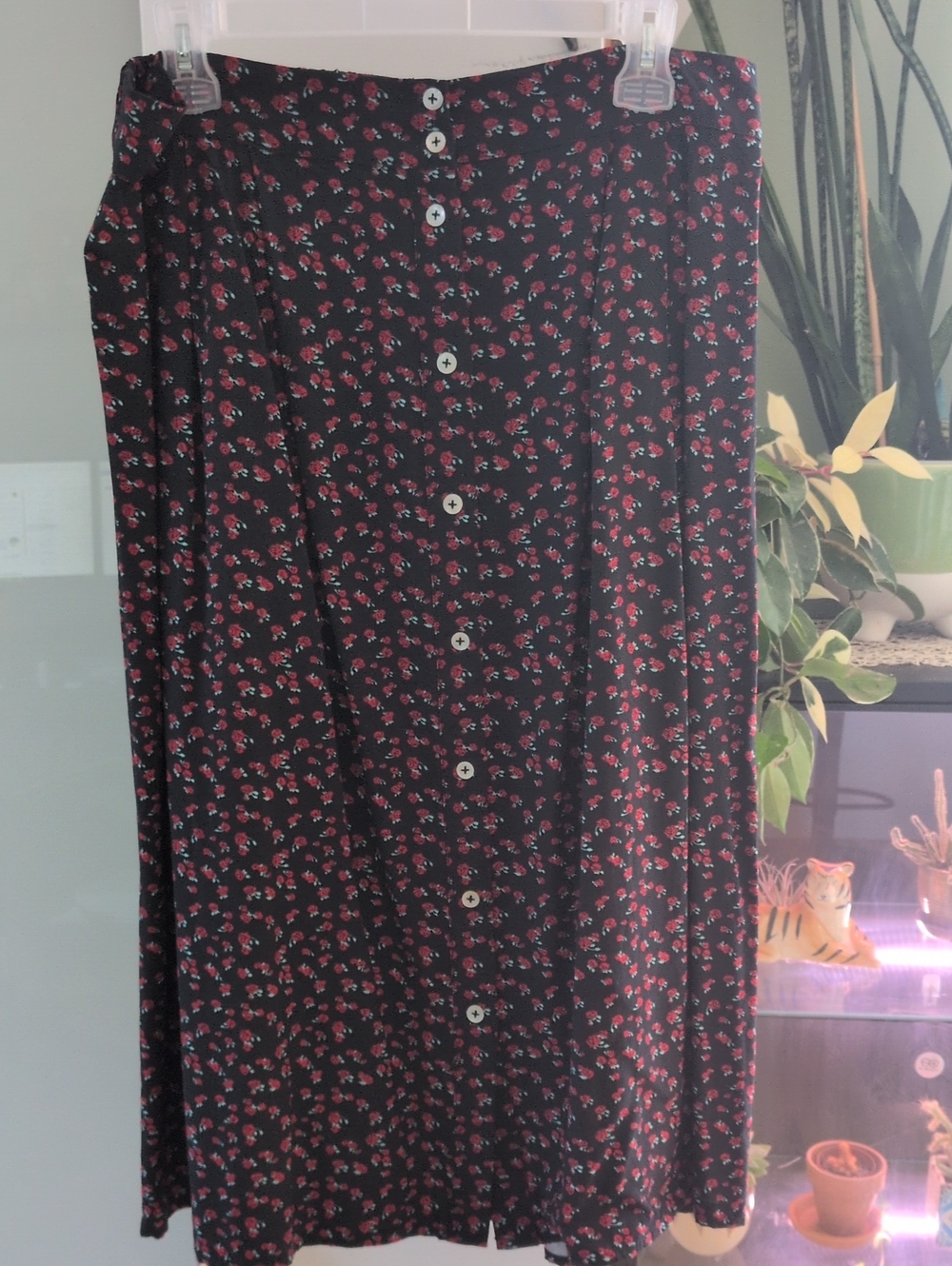 Simons Black Midi Skirt with Red Floral Print